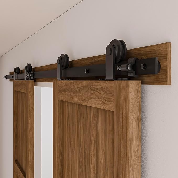 CCJH 7FT Sliding Barn Door Hardware Kit, Heavy Duty, Smoothly and Silently, Easy to Install, Fit 21" Width Double Door Panel, T-Shaped Style Black