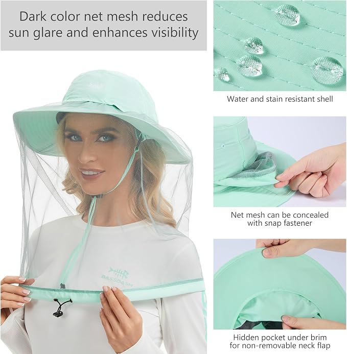 BASSDASH UPF 50+ Mosquito Sun Hat with Hidden Head Net and Neck Flap for Men Women Outdoor Fishing Hiking Camping