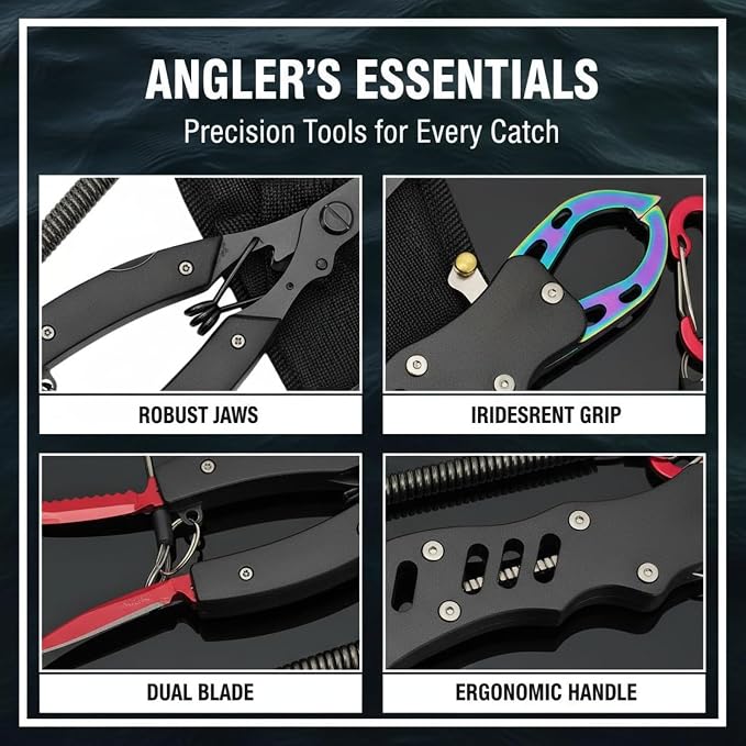 Fishing Multitool, 6.5 in, with Hook Remover Pliers, Aluminum Lip Gripper, Double Blade Cutter, Finish, Split Loop, Crimping Feature, Steel Lanyard, Oxford Bag