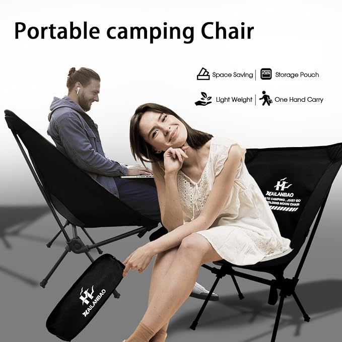 Folding Camping Chair for Adults, Heavy Duty 300lbs Capacity Compact Backpacking Hiking Chair – Portable Durable Outdoor Chair with Ergonomic Support (Black)