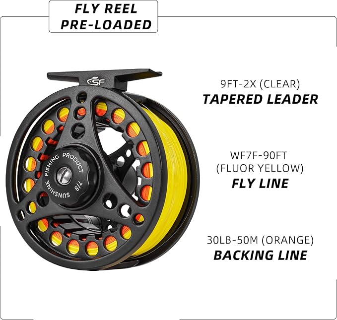 SF SF-001 Large Arbor Fly Fishing Reel with Aluminum Alloy Body 3/4wt 5/6wt 7/8wt Die Cast Pre-Loaded Fly Reel with Line Combo for Trout Bass Carp Pike Panfish