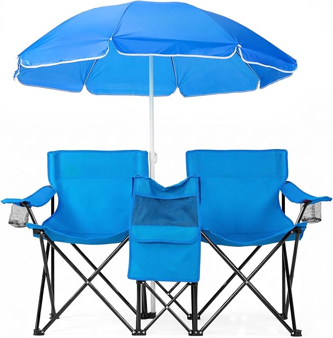 Heavy Duty Double Folding Camping Chair with Removable Adjustable Umbrella, 2 Person XL Beach Chair with Built-in Cooler Bag, Cup Holders & Side Pocket, Portable 529lbs Capacity, Blue