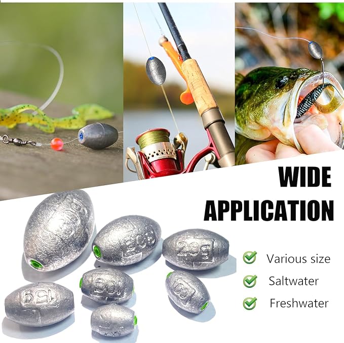 Egg Sinkers Bullet Fishing Weights Oval Shaped with Plastic Core Slip Sinkers for Catfish Fishing Casting Saltwater and Freshwater 1/5oz to 2oz