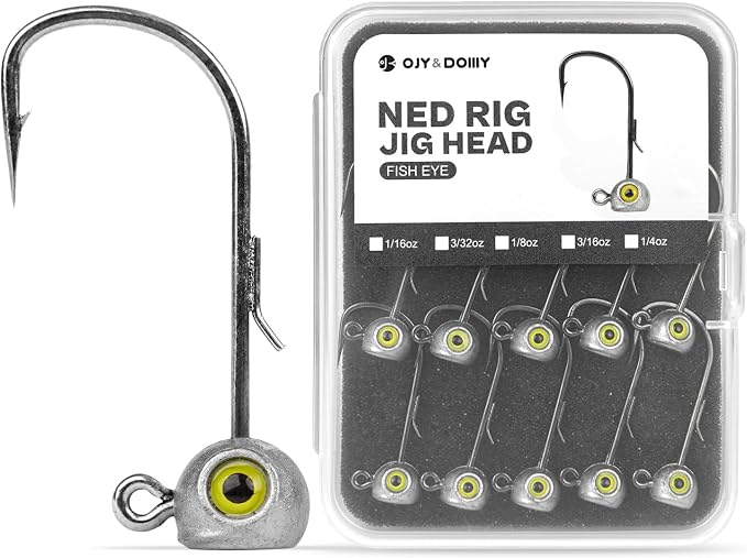15-Pack Fish Eye Ned Rig Jig Heads with Welded Wire Bait Keeper – 1/16 3/32 1/8 3/16 1/4oz with 2/0 3/0 Hooks, Chartreuse Eyes, Secure Finesse TRD Hookup for Bass Fishing