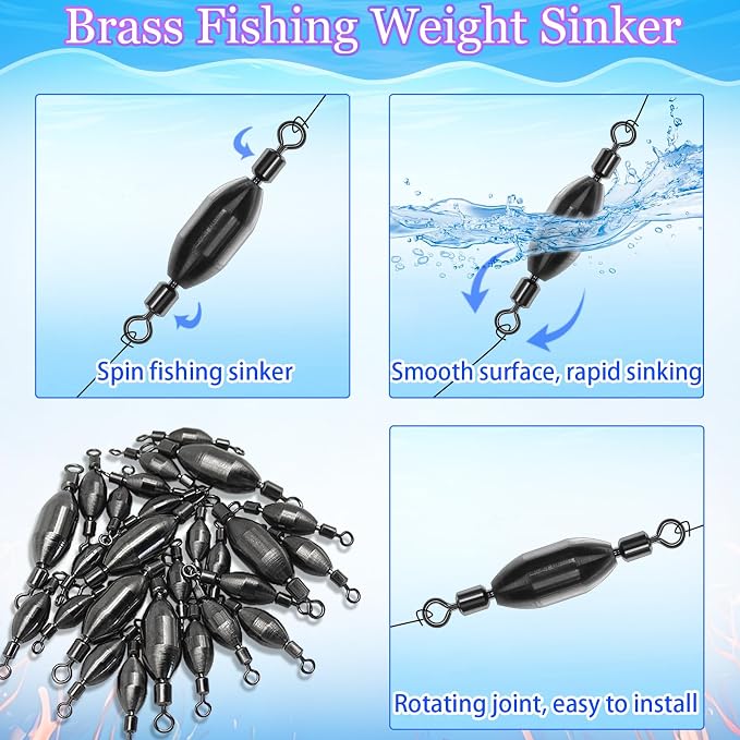 20Pcs Fishing Weights Swivel Brass Sinkers Fishing Weights Saltwater Freshwater Bullet Sinkers Fishing Weight with Swivel Rolling
