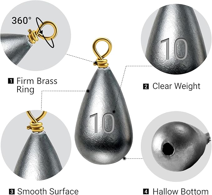 Casting Sinker Weights Assortment, Teardrop Fishing Sinkers with Brass Swivel Loops, 1/8 oz to 3/4 oz, Drop Shot Weights for Bass Catfish, Freshwater Saltwater