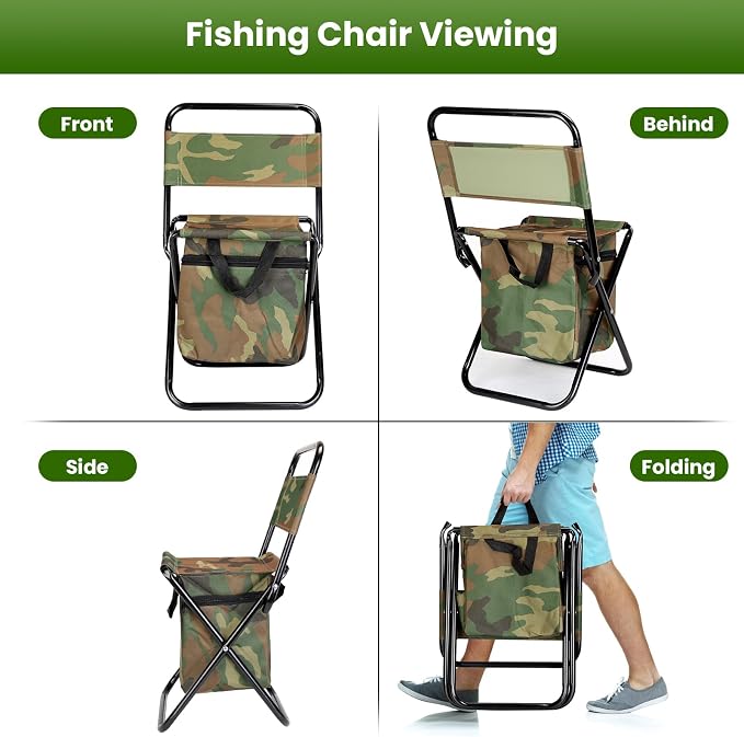 TeqHome Portable Foldable Fishing Chair with Cooler Bag, Lightweight Folding Camping Chair, Outdoor Backrest Stool for Camping Hunting Fishing Hiking（Camouflage）