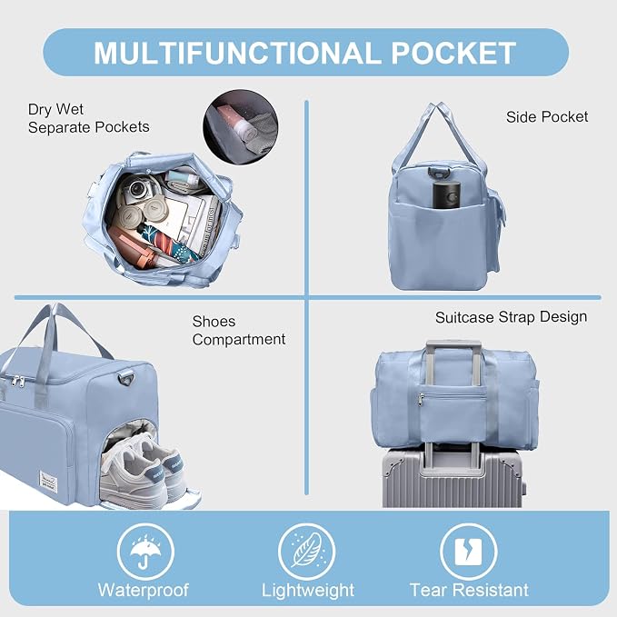 Suruid Gym Bag for Women Men, Travel Duffle Bag Large Capacity Carry On Weekender Bag With Shoe Compartment Gym Tote Dry Wet Separation Duffel Bag with Makeup Bag, Blue