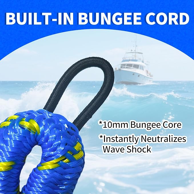 2-Pack Bungee Dock Lines for Boats with Loops, Boat Tie Downs for Docking, Adjustable Boat Mooring Rope for Pontoon, Jon Boat & PWC (Blue & Yellow, 4 FT)