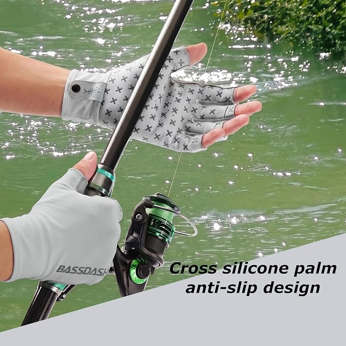 BASSDASH 3/4 Finger UPF 50+ Sun Gloves Breathable Anti-Slip Silicone Palm for Men Women Fishing Fingerless Cycling Running