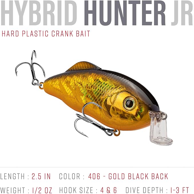 Strike King Hybrid Hunter Shallow Jr. Fishing Lure, Shallow Diving Crankbait, 90-Degree Bill, 3D Eyes, Loud Rattle, Dives 1 to 3-Feet,Size 4 & 6 Treble Hooks