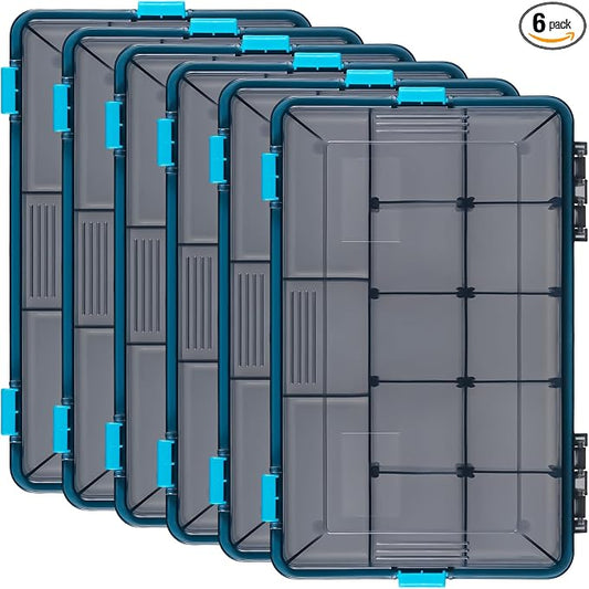 Wonderjune 6 Pack Fishing Tackle Boxes Waterproof 3600 and 3700 Tackle Trays with Removable Dividers Plastic Storage Organizer Bait Vault Camouflage Box for Freshwater Saltwater (Blue,3600)