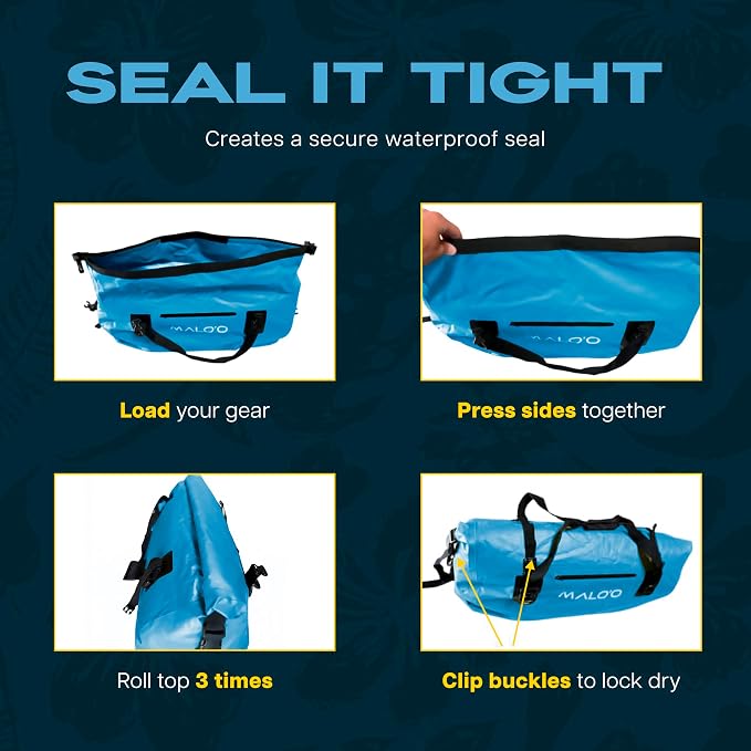 Malo’o Waterproof Dry Duffel, Heavy-Duty Roll Top Waterproof Gear Bag with Shoulder Strap & Molle Loops, Marine Duffel for Kayaking, Boating, Camping, Beach & Travel, Blue, 60L