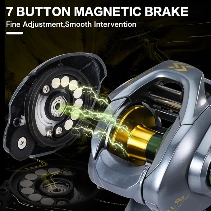 Sougayilang SY-200 Baitcasting Fishing Reel,11+1 Double Shielded Stainless Steel BB, 7 Button Magnetic Brakes, 7.6:1 Gear Ratio, 17.64 lbs of Smooth Drag