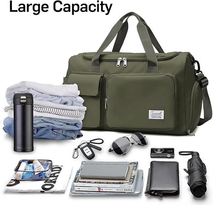 Suruid Travel Duffel Bag with Shoes Compartment Sports Gym Bag with Dry Wet Separated Pocket for Men and Women, Overnight Bag Weekender Bag Training Handbag Yoga Bag - Olive Green