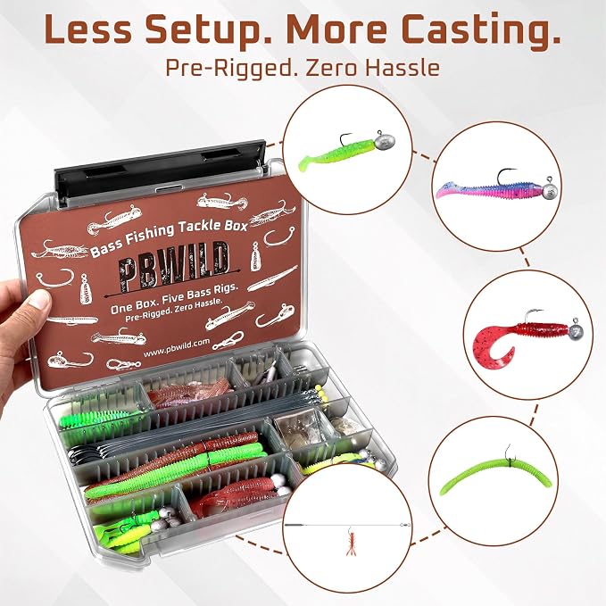 59Pcs Bass Fishing Tackle Box Kit, 5 Rig System Pre-Rigged Rock-Fishing, Jigheads, Neko, Wacky, Dropshot Rigs, Fishing Gifts for Men, Assorted Kit