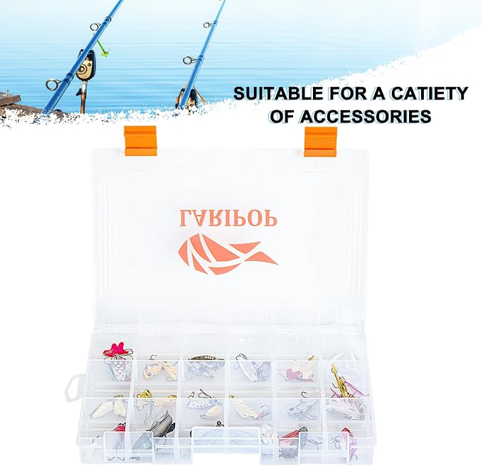 LARIPOP 4-Pack 3600 Fishing Tackle Boxes, Clear Plastic Storage Trays with Adjustable Dividers, Organizer for Lures, Hooks, Sinkers, Jigs & Fishing Accessories