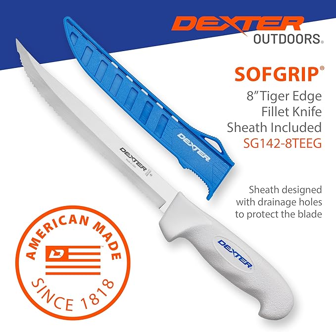 Dexter Outdoors 8" SOFGRIP Tiger Edge Scalloped Knife | Includes Edge Guard | High-Carbon American Stainless Steel Blade | Resists Corrosion | Comfortable, Slip-Resistant Handle | Made in USA