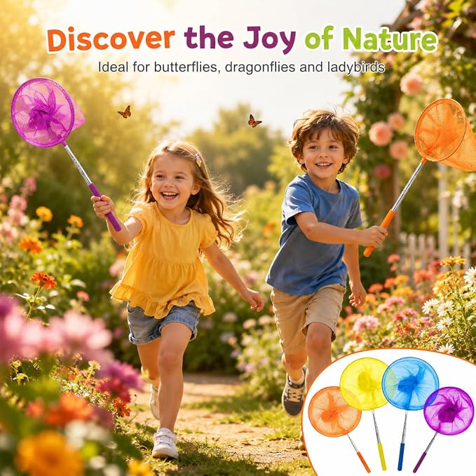 Kids Telescopic Butterfly Fishing Nets - RAINFLOW Anti Slip Grip Butterfly Catcher Catching for Kids Insect Net Colorful Outdoor Tools Catching Bugs Fish Insect Ladybird, Extendable 34 inches