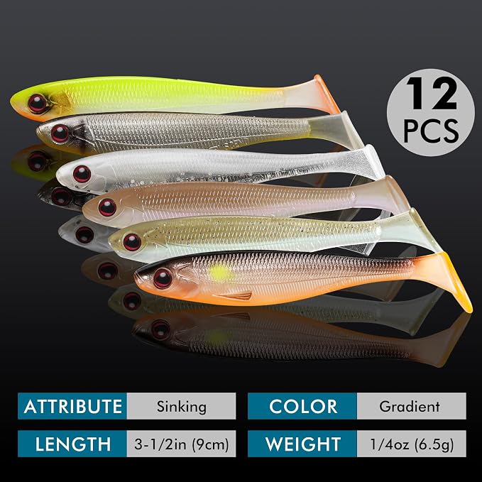 TRUSCEND Shadtale Easy Catch Soft Fishing Lures, Unique Vibration and Action for Various Rigs, Paddle Tail Swimbaits Trailer for Bass, Trout, Crappie, Walleye, Redfish, Saltwater & Freshwater Fishing