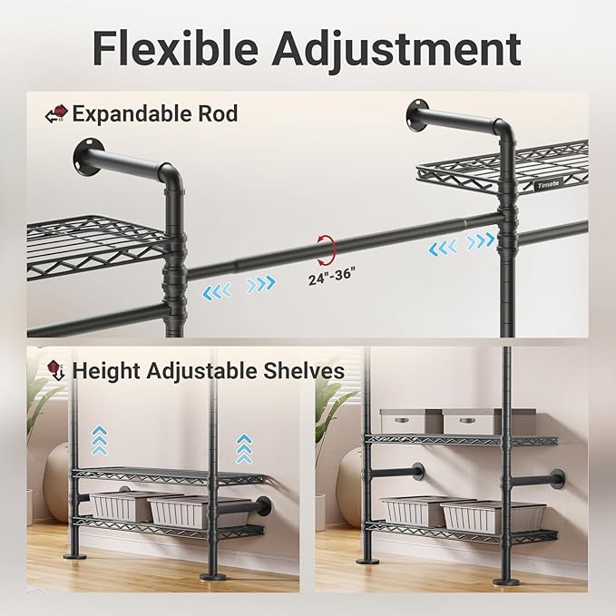 Timate F3 Medium Wall Mounted Clothes rack Expandable Closet, Industrial Pipe Clothing Rack for Hanging Clothes, Heavy Duty Clothes Rack with Shelves, Garment Rack Wall Closet System Black Pipe Closet
