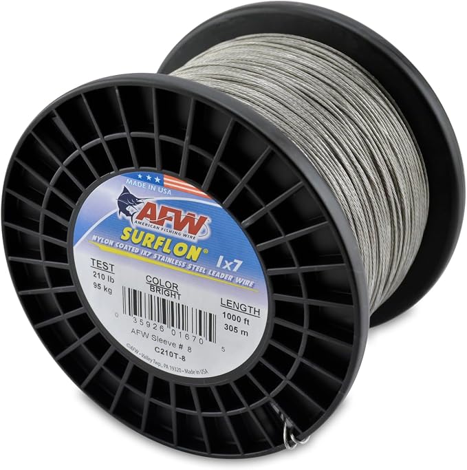 American Fishing Wire Surflon Nylon Coated 1x7 Stainless Steel Wire Leader - Wire Fishing Leader Line for Saltwater 10lb Up To 250lb Test in Bright, Black, Camo in 30ft, 100ft, 300ft, & 1000ft Lengths