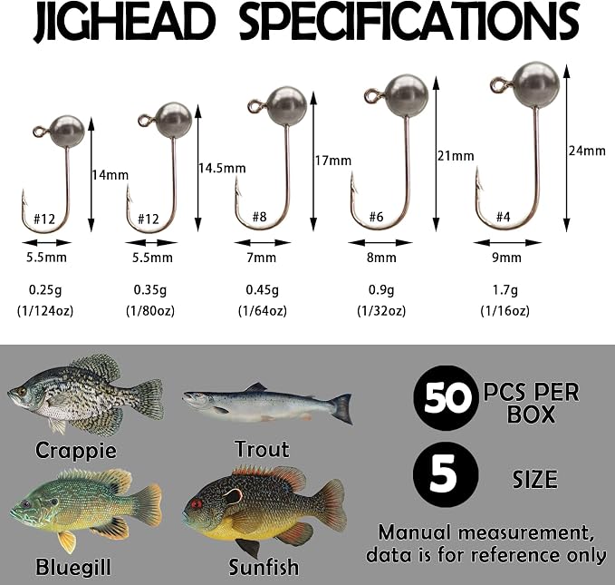 EUPHENG 50pcs Fly Tying Jig Heads Kit - Jig Hooks for Fly Fishing - DIY Lure Making Kit - Black, White, Orange, Pink, Chartreuse - Sizes #12, #8, #6, #4, #2