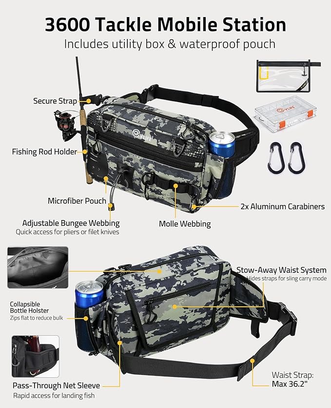 CVLIFE Fishing Tackle Bag Waist Pack with Rod Holder, Water Resistant Fanny Pack Includes 3600 Tackle Box, Waterproof Pouch & Carabiners, Convertible Sling Bag with Net Holster for Gear