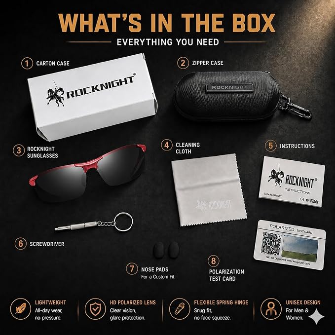 ROCKNIGHT Polarized Rectangular Sunglasses for Men Driving UV400 Protection Lightweight Al‑Mg Frame