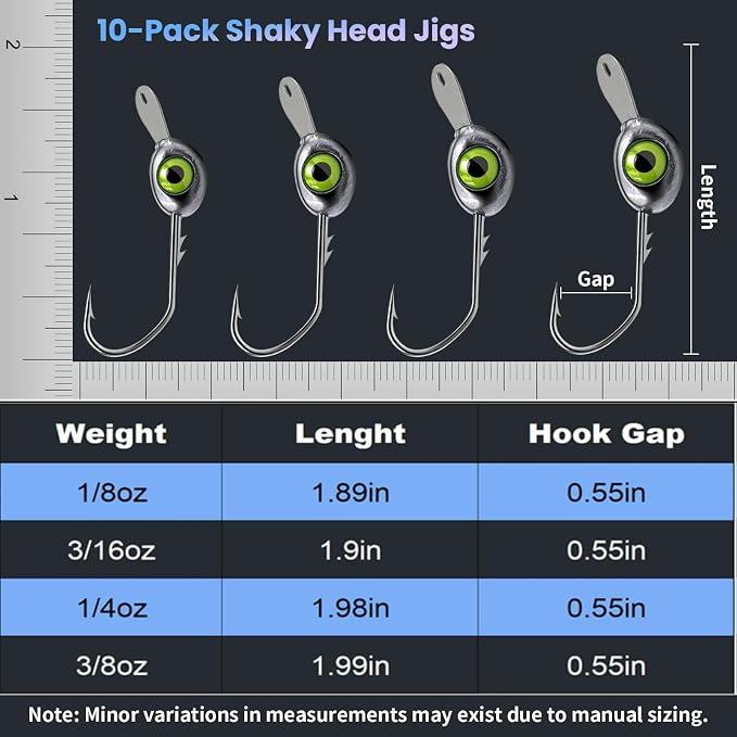 Shaky Head Jigs with Front Tongue Plate & Keeper for Weedless Fishing for Freshwater & Saltwater- 10-Pack Jig Heads for Fishing Bass, Trout - 1/8, 3/16, 1/4, 3/8 OZ