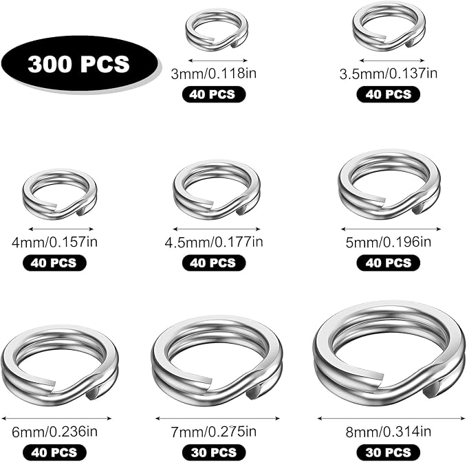 Realure 300 Pcs/8 Sizes Fishing Split Rings 8mm 7mm 6mm 5mm 4.5mm 4mm 3.5mm 3mm Fishing Hooks Lures Ring Connector Stainless Steel 304 Double Ring Clips Snaps for Connecting Fishing Lures & Hooks