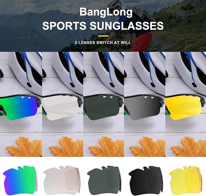 BangLong Polarized Cycling Sunglasses for Men Women, 26g Sports Sunglasses with 5 Lenses for Running Fishing Baseball Driving