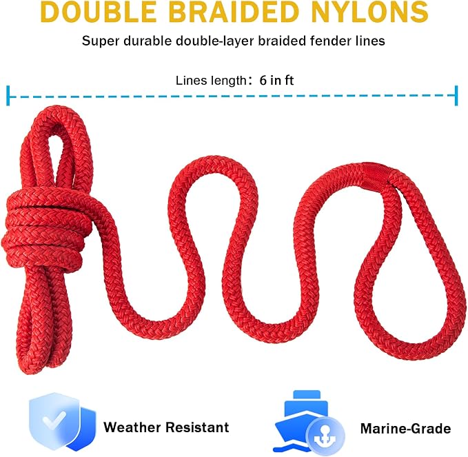 2 Pack 3/8'' x 6' Boat Fender Lines for Mooring, Docking Ties & Small Boat,Premium Marine- Grade Double Braided Nylon Boat Rope with a 5" Eyelet,Anti-Wear & Weather-Resistant-Red