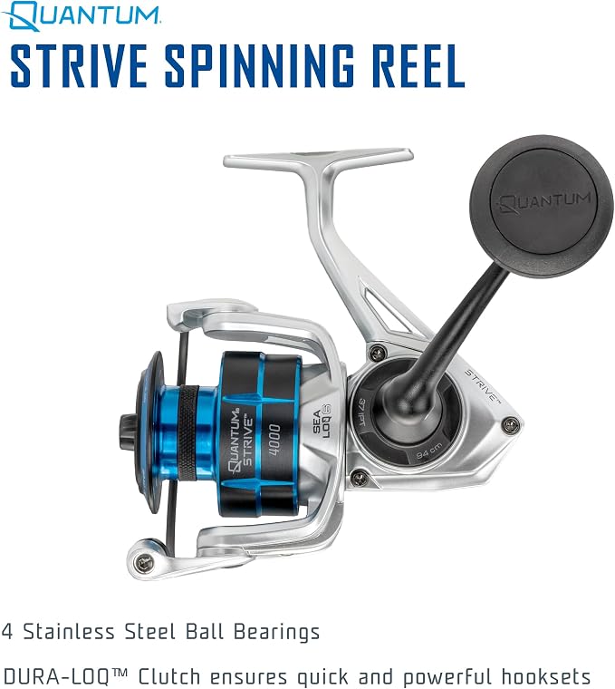 Quantum Strive Spinning Fishing Reel, Rigid Aluminum Frame, Graphite Rotor, Sealed Design, CFX200 Carbon Fiber Xtreme Drag, Silver/Blue