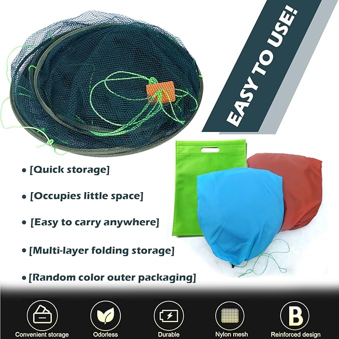 Portable Folded Fishing Net, Crab Net Fish Net with Fishing Rope, Hand Casting Cage Crab Net, Foldable Fishing Mesh Trap for,Minnows,Lobster,Crawfish, Shrimp etc.
