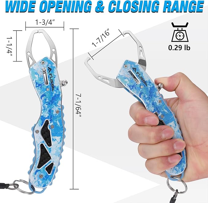 FLISSA 7" Camo Fish Gripper, 40 Pound Lip Gripper with Aluminium Alloy Handle, Stainless Steel Grabber with Carabiner and Spring Anti-Lost Rope, Lightweight Holder for Fishing