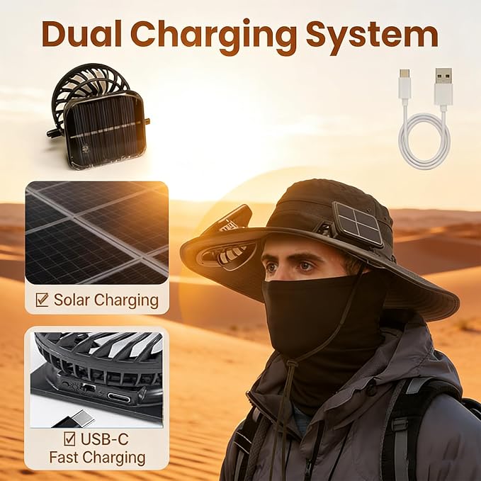 Solar Fan Hat, Hat with Fans Solar Power,Solar Powered Fan Hat for Outdoor Fishing, Hiking Gardening, USB Solar Charging Includes 2 Solar Fans(Black-XL)