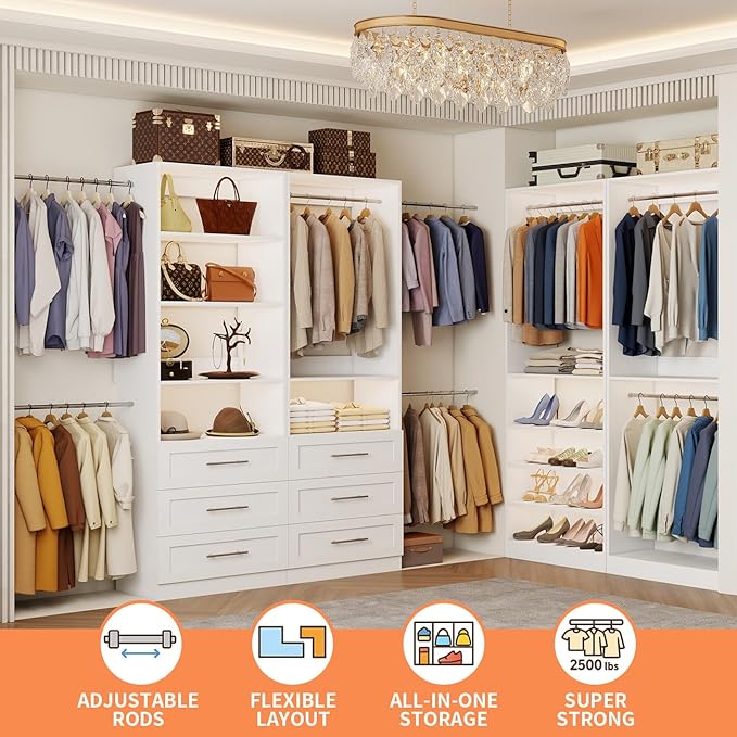 Closet System with 4 Sets, 8–21 FT Closet System with 6 Drawers, 9 Shelves & 8 Hanging Rods, Max 252″ Closet Organizer System for Walk in Closets, Modular Custom Wood Closet Kit with Shoe Racks, White