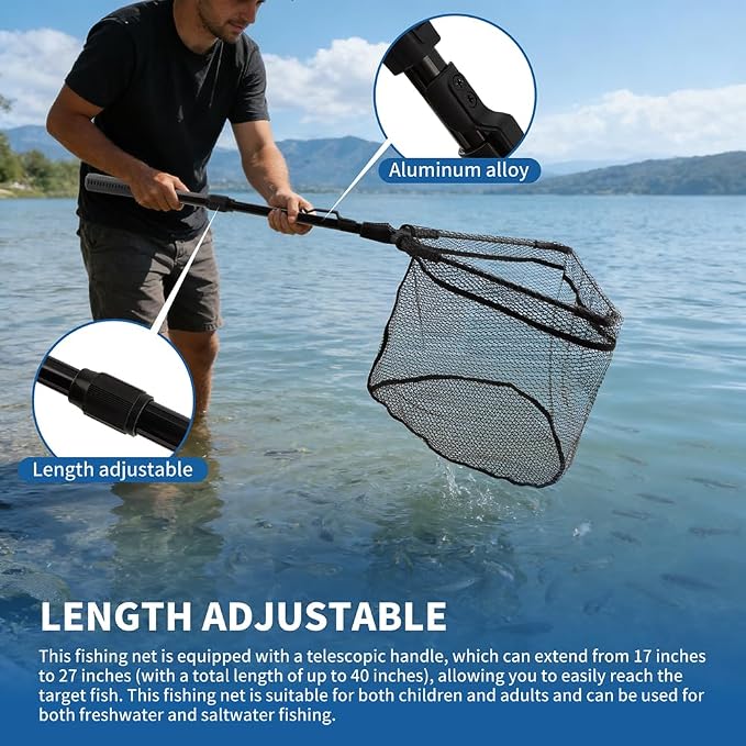 Floating Fishing Net with Telescoping Pole Handle 17-27 inch, Collapsible Fish Landing Net for Easy Transport & Storage,Ultralight Long Fish Net,Freshwater,Saltwater Fishing Gear