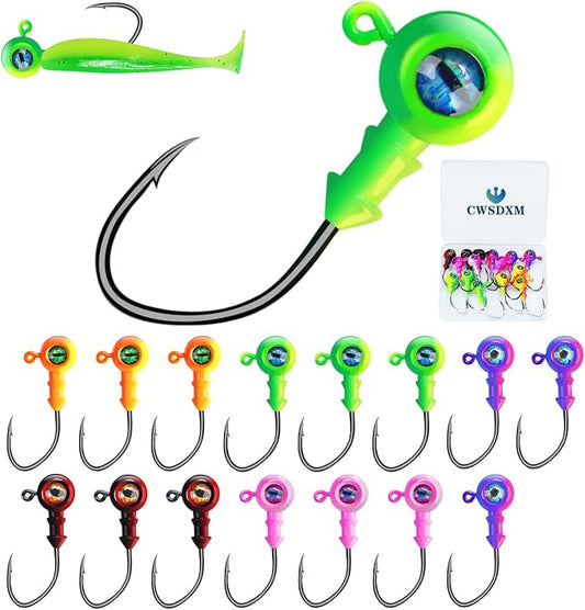 Round Jigs Heads for Fishing, 3D Eyes Ball Head Hooks with Stacked Cone Keeper, 1/8oz 1/5oz 1/4oz 3/8oz Crappie Jig Heads for Bass Fishing Trout Crappie Panfish Walleye