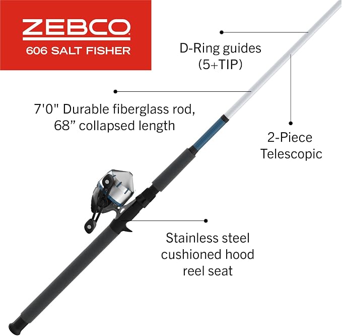 Zebco 606 Salt Fisher Spincast Reel and Fishing Rod Combo, 7-Foot 2-Piece Telescopic Rod, Size 60 Reel, 19-Piece Eagle Claw Tackle Kit