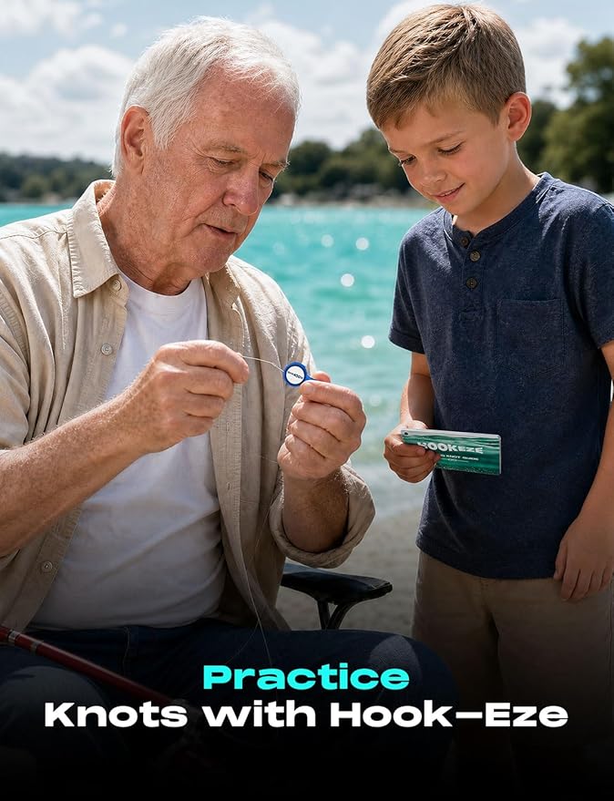 HOOK-EZE Complete Fishing Knot Tying Guide Kit|Includes Waterproof Guide to 13 Essential Knots, Knot Tying Tool, Practice Hook & Lines, Zinger Retractor|Fly Fishing Gifts & Stocking Stuffers for Men
