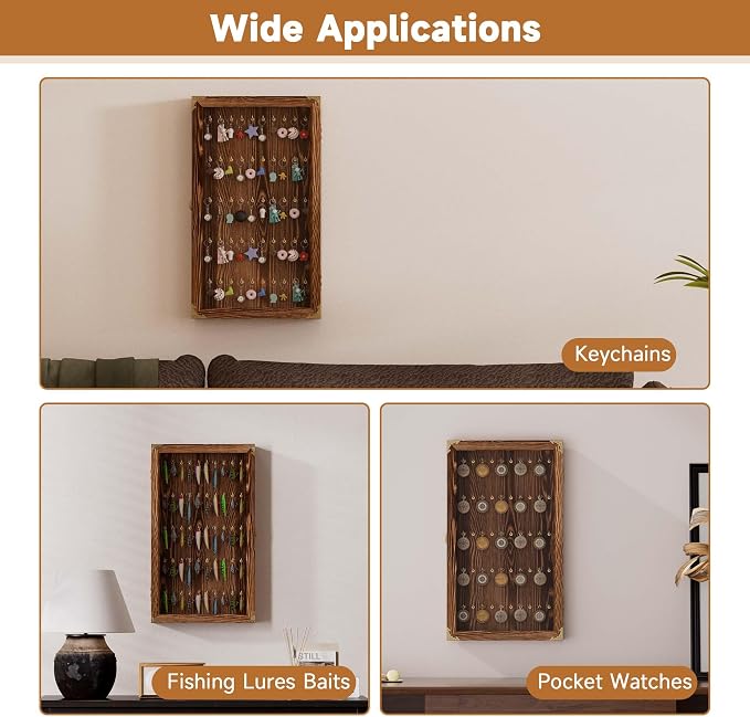 tonchean Keychain Display Case Wall Cabinet Fishing Lures Baits Display Case Pocket Watches Display Case, 24.4in(H) x14.2in(Wx2.6in(D), Brown