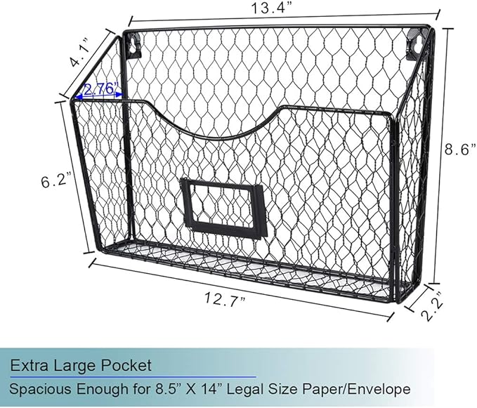 PAG 6 Pockets Hanging File Holder Wall Mount Mail Organizer Metal Chicken Wire Magazine Rack with Tag Slot, Black