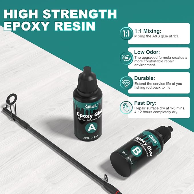 Fishing Rod Repair Supplies Kit - 40ml A&B Epoxy Glue, Wrapping Thread, Tape, and Other Accessories - Design to Bond & Hold Pole Tip, Rod Eyelet, Fishing Rod - for Men