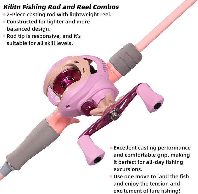 Kilitn Fishing Rod and Reel Combo, Pink Color Baitcasting Combo Baitcast Reel, 2-Piece Baitcaster Rod, Durable Fiberglass with Comfortable EVA Handle for Girl, Woman, or Beginner
