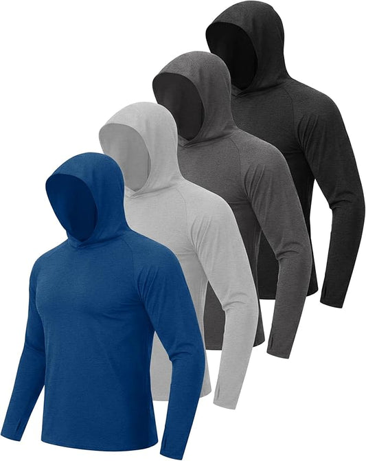 BOOJO 4 Pack Sun Hoodie for Men - UV UPF 50+ Fishing Shirts Long Sleeve Lightweight Tops for Athletic Running Gym Workout