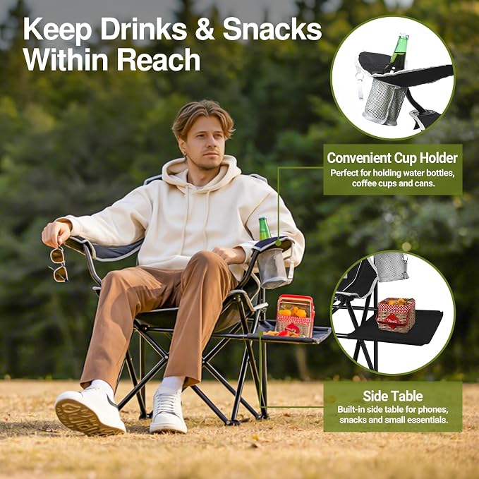 XGEAR Camping Chairs 350LBS Capacity, Heavy Duty Folding Chair with Side Table, Portable Outdoor Chair with Cup Holder for Adults, Collapsible for Tailgating, Beach, Fishing, Backyard (Black, 2-Pack)