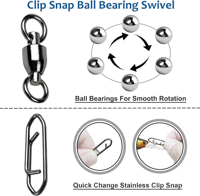 AMYSPORTS High Strength Snap Swivels Stainless Bearing Rolling Fishing Swivel Freshwater Snap Swivels Fishing Clip Steel Black Nickel