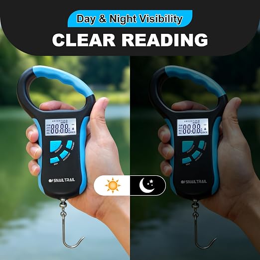 SNAIL TRAIL 8 Storage Bins Digital Fishing Scale & 4.6'' Lip Gripper, Backlit LCD Display, Multi-Mode(LB, OZ/LB & KG), Ergonomic Handle, 50 lbs Tournament Bass Fish Weigher for Anglers